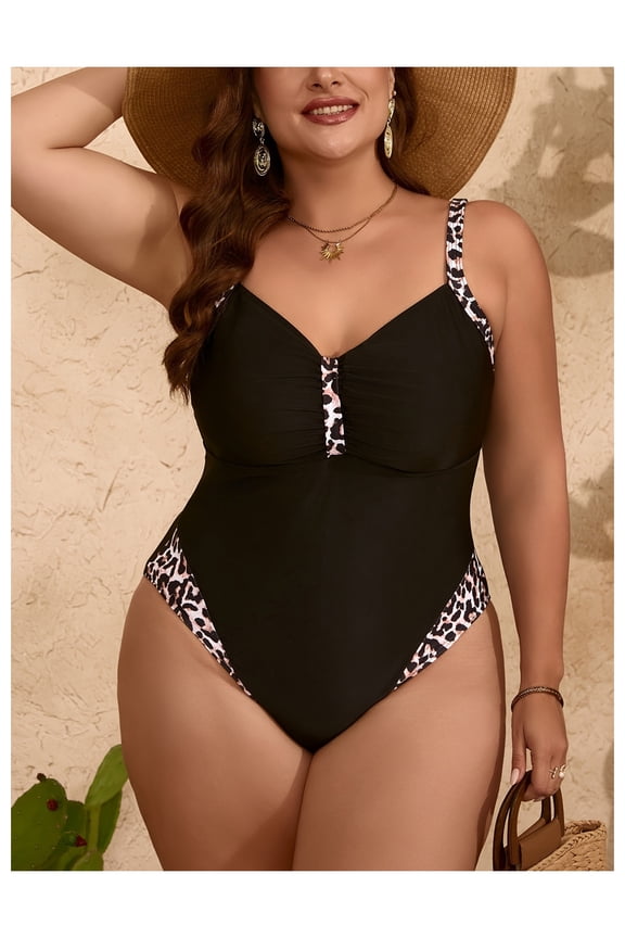 Plus Size Swimsuit Women Black Leopard One Piece - Slimming Bathing Suit for Women - Curve & Plus Size Swimwear - Vintage Retro Swimsuits