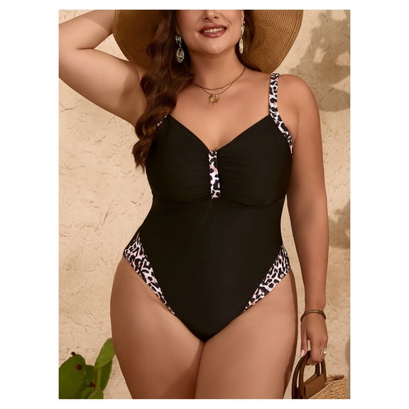 Plus Size Swimsuit Women Black Leopard Print One Piece Swimwear Slimming Bathing Suit Tummy Control Retro Vintage Beachwear 14W-26W