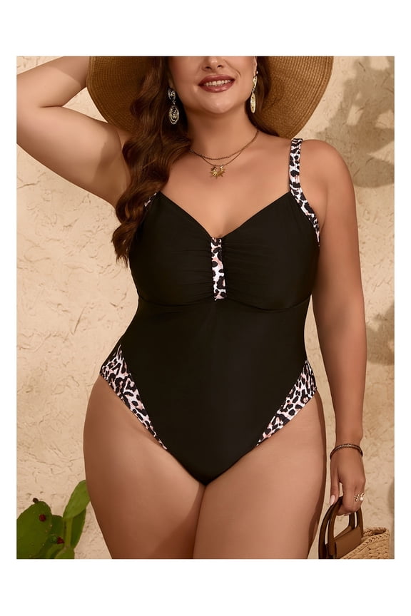 Plus Size Swimsuit Women Black Leopard Print One Piece Swimwear Slimming Bathing Suit Tummy Control Retro Vintage Pin Up Swimsuits for Women