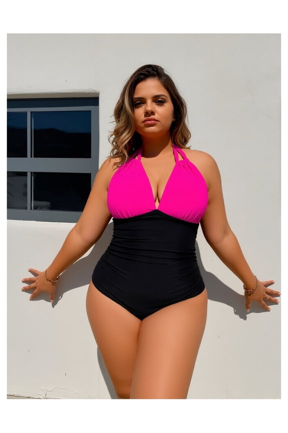 Plus Size Swimsuit Women Halter Neck One Piece - Neon Pink & Black Ruched Bathing Suit High Stretch Tummy Control Swimwear for Curvy Figures