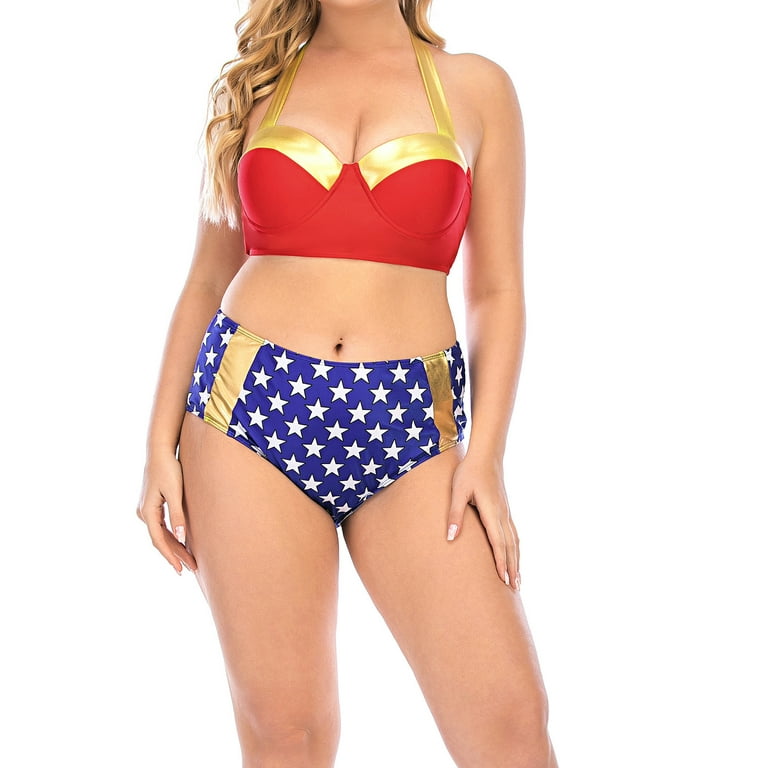 Plus Size Swimsuit for Women High Waist Flag Print Swimwear Independence  Day Bikini Sets Halter Neck Backless Split Two Piece Swimsuits Pool Party