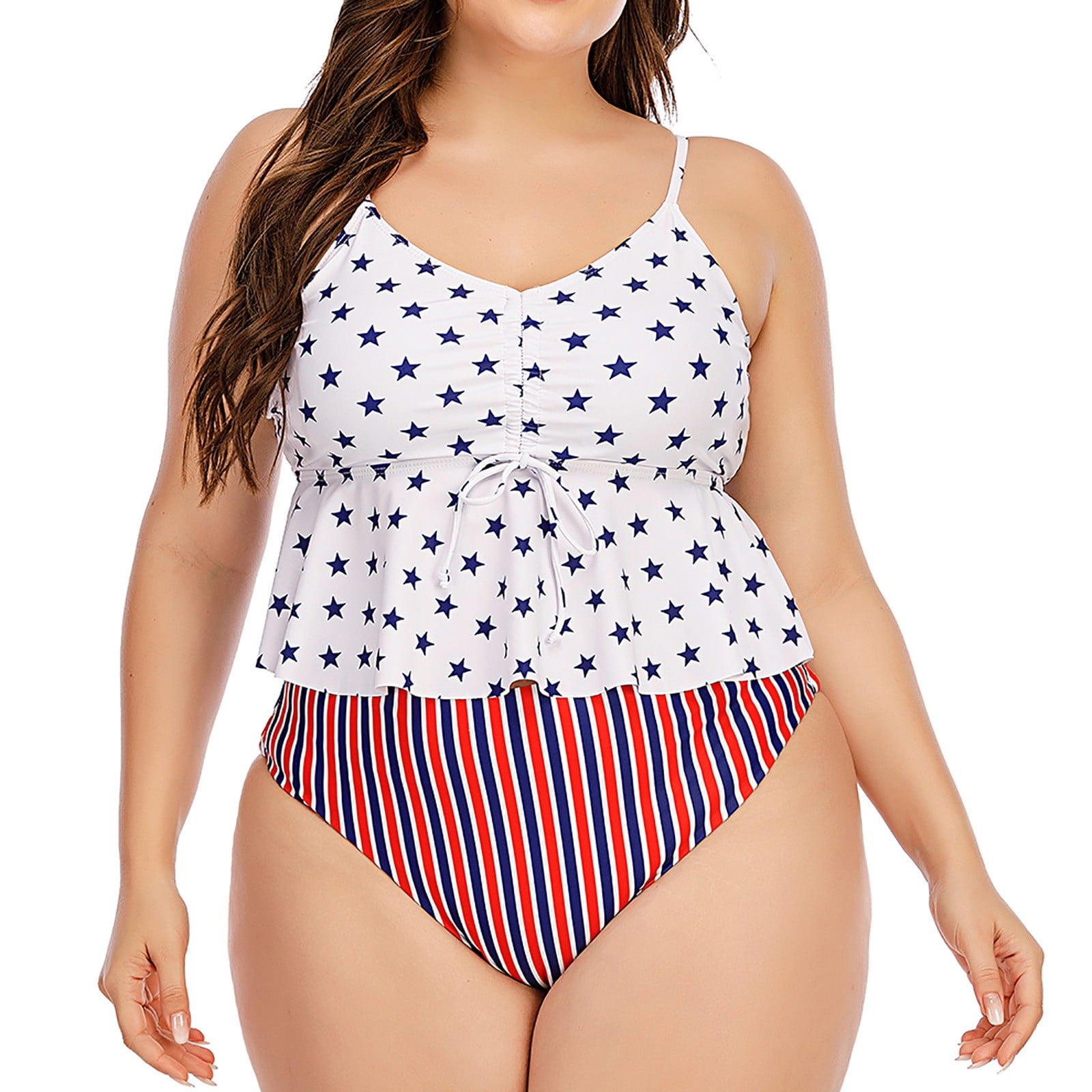 Plus Size Swimsuit for Women High Waist Tummy Control Swimwear Padded Push  Up Bikini Sets Star Flag Print Ruffle Patchwork Split Two Piece Swimsuits  Beachwear Bathing Suit 
