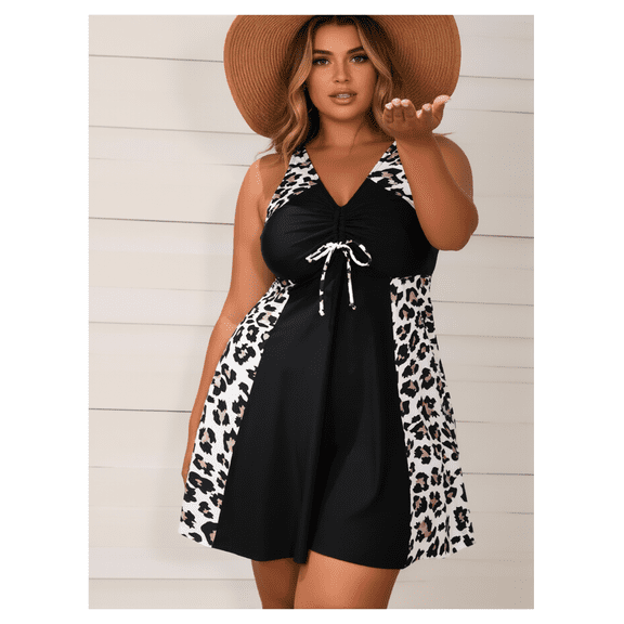 Plus Size Swimsuit Women Leopard Print - Conservative Swimdress Bathing Suit for Women - Slimming Tummy Control Swimwear 14W-26W