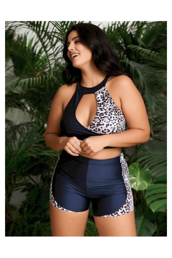 Plus Size Swimsuit Women Leopard Print Halter Bathing Suit 2 Piece High Waisted Swim Shorts Cutout Swimwear Summer Beach Outfit