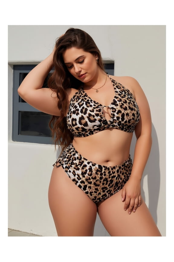 Plus Size Swimsuit Women Leopard Print - Halter Cutout Bathing Suit - High Waisted Tie Side Bikini Sets - Curve & Chloe Swimwear