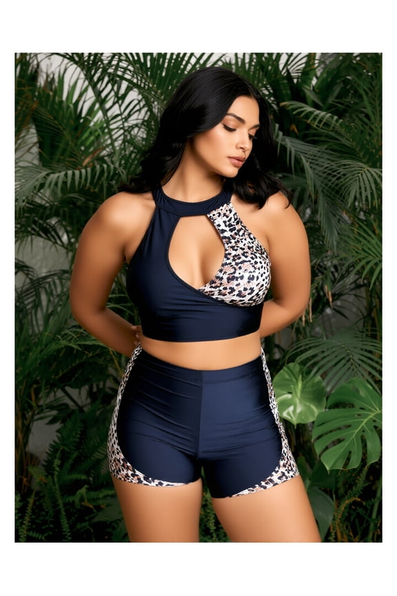 Plus Size Swimsuit Women Leopard Print Halter Two Piece Bathing Suit High Waisted Shorts Cutout Swimwear Tropical Vacation Beachwear