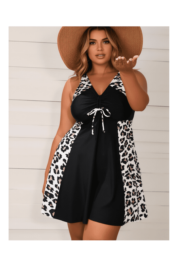 Plus Size Swimsuit for Women Leopard Print - Slimming Conservative Swimdress European American Style Bathing Suit; Adjustable Straps; Modest Swimwear for Beach & Pool