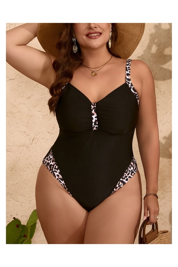 Plus Size Swimsuit Women - Solid & Leopard Print One Piece Swimwear - Slimming Bathing Suit - Black Swimsuits for Women - Curve & Chloe Collection