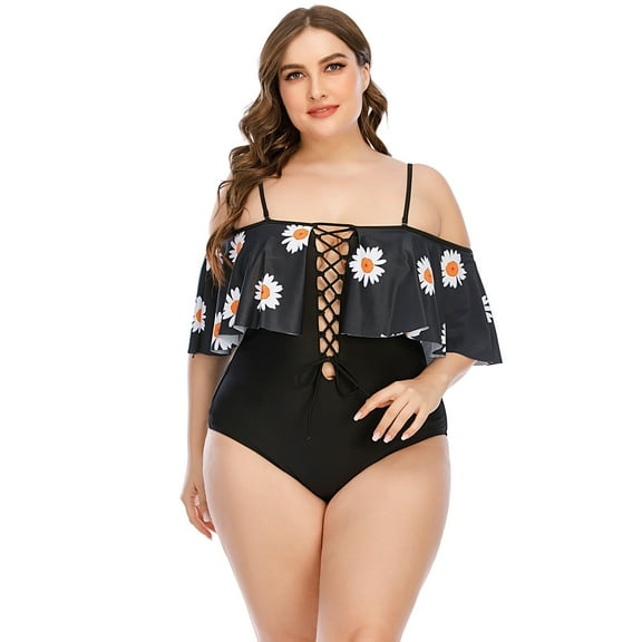 Plus Size Swimsuit for Women Tummy Control Beachwear Elegant Floral Print Stretchy Monokini Ruffle Patchwork Strap Swimwear V Neck Drawstring Swimdress Casual One Piece Bathing Suit