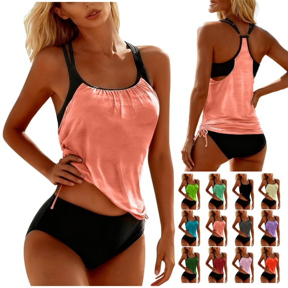 Plus Size Swimsuit for Women Two Piece Summer Beach Athletic Bathing Suits Racerback Padded Tankinis with Briefs with Drawstring Side Rose Gold Swimsuit Sets,Size S-2XL