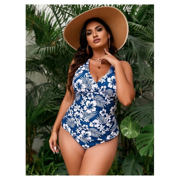 Plus Size Swimsuit Women V-Neck Printed One Piece Swimwear Slimming Bathing Suit Fresh Floral Stylish Beachwear 14W-26W