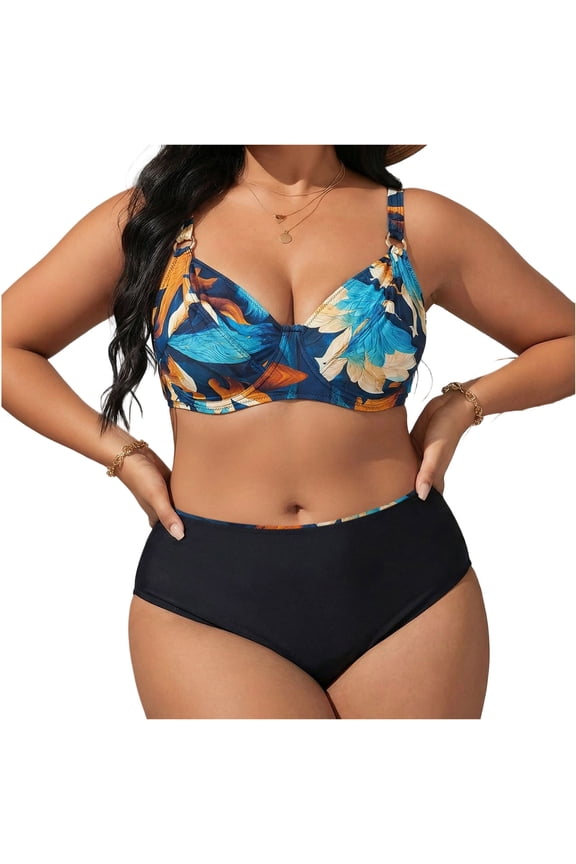 Plus Size Swimsuit for Women Adjustable Straps Swimwear with Bottom 2 Piece Bathing Suit Tummy Control Swim Suits