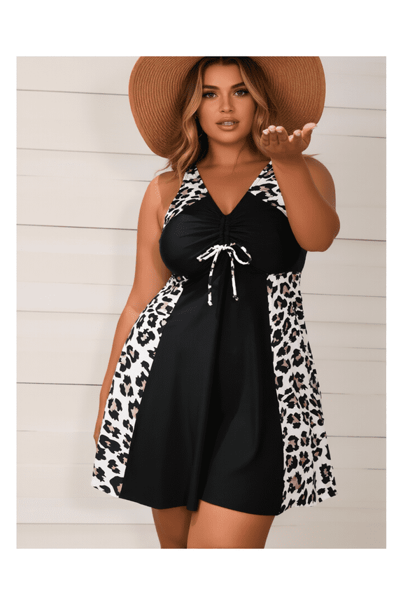 Plus Size Swimsuit for Women Leopard Print - Slimming Conservative Bathing Suit - Modest Swimdress with Built-in Shorts - Summer Beachwear