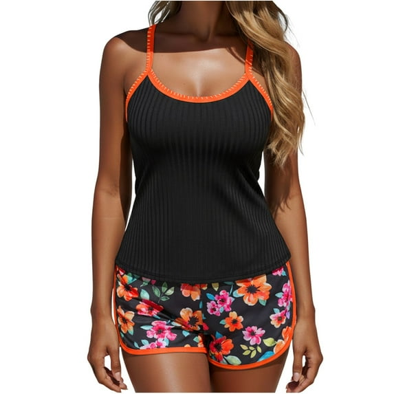Plus Size Swimsuit for Women Ribbed Tankini Top Swimwear with Floral Boyshorts Two Piece Tummy Control Bathing Suit