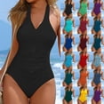 thumbnail image 1 of Plus Size Swimsuit for Women Solid Color Tied Shoulder Bathing One-piece Suit Summer Beach Pool Comfortable Womens Swimwear Army Green L, 1 of 9