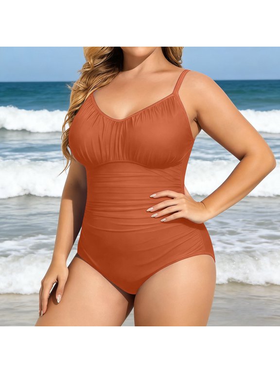 Orange Plus Size Swimsuit for Women Tummy Control One Piece Bathing Suit Womens Vintage Swimwear Swimsuits Bathing Suit