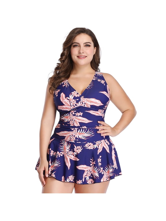 Plus Size Swimsuit for Women, Tummy Control Swimdress Two-Piece Swimwear with Flared Skirt Bikini Bathing Suits