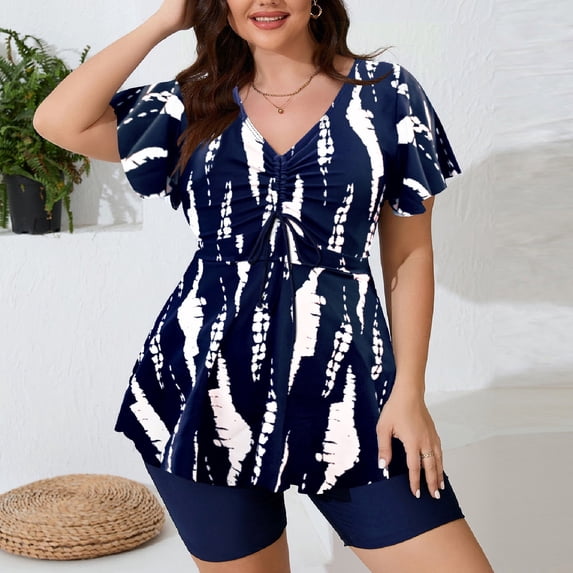 Plus Size Swimsuit for Women Two Piece Modest Tankini Full Coverage Tummy Control V Neck Bathing Suits Swim Short Sleeve Top with Shorts Navy XL