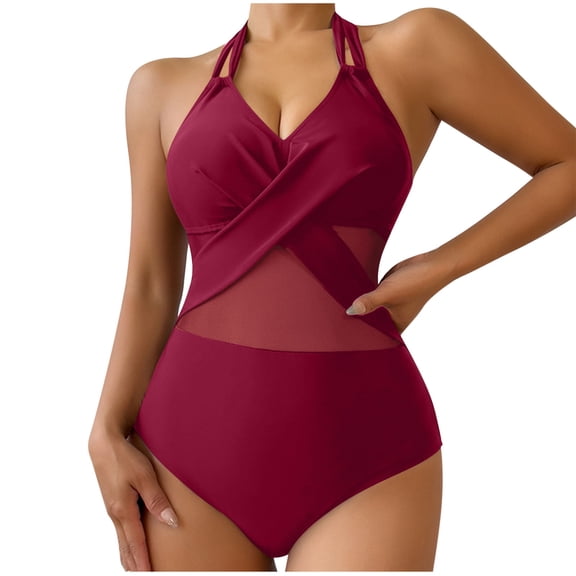 Plus Size Swimsuit for Women V Neck Mesh Swimsuit Fashion Bikini Bathing Suit Wine,M