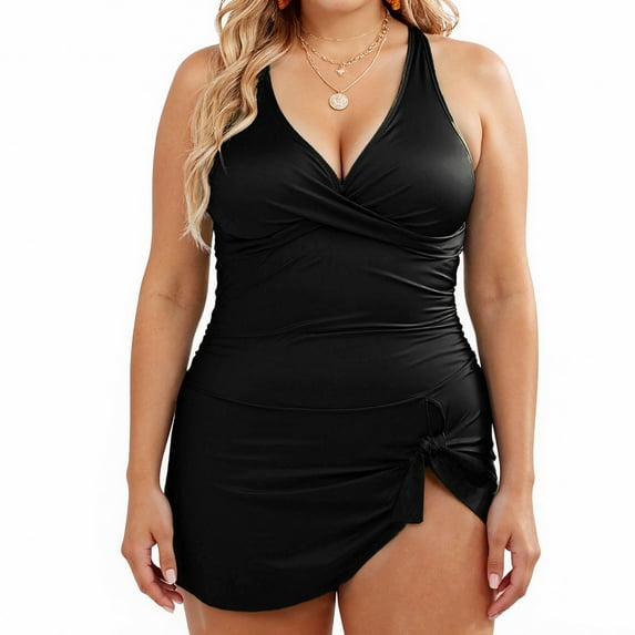 Plus Size Swimsuit for Women V Neck Ruched One Piece Swimming Suit Crosscriss Back Tummy Control Swimwear
