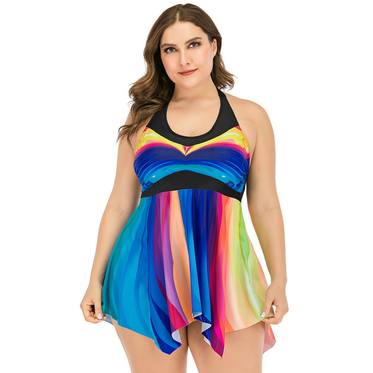 Plus Size Swimsuits for Women Tummy Control Backless Swimdress Ruffle  Patchwork Beachwear Boat Neck Halter Tankini Neon Print Swimwear Two Piece