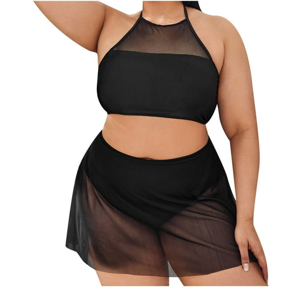 Plus Size Swimsuits for Women Tummy Control Bikini Set Beachwear Mesh Lace Splicing Halter Neck Tankini Floral Print Swimwear Backless Two Piece Bathing Suit