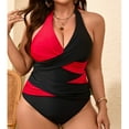 thumbnail image 1 of Plus Size Swimsuits for Curvy Women,One Piece High Waisted Swimwear,Summer Color Blocked Halter Criss Cross Bathing Suits L-5XL, 1 of 8