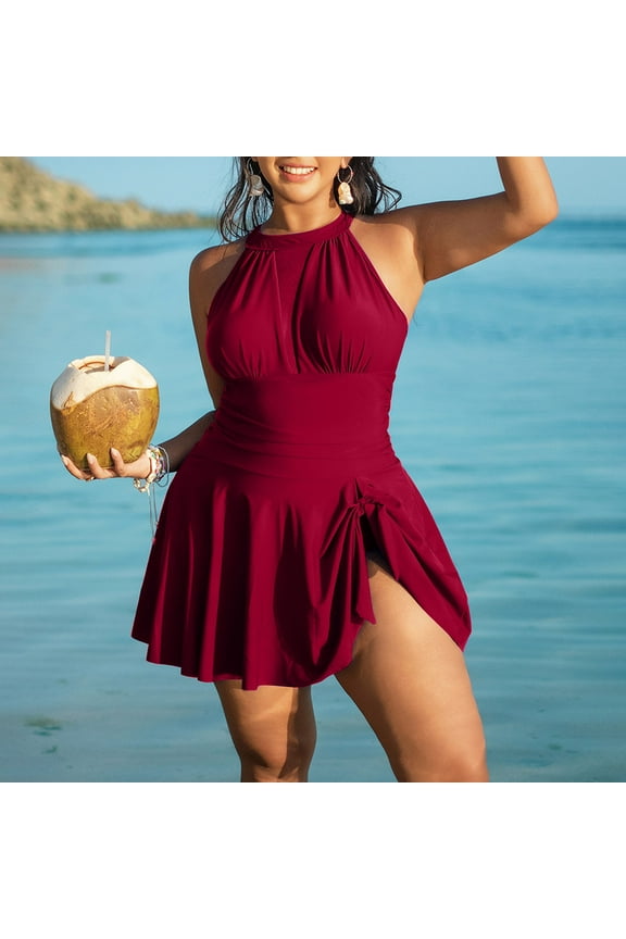 Plus Size Swimsuits for Women One Piece 2025 Conservative Skirt Style Swimsuit Set Wine 4XL