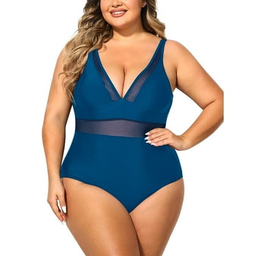 Plus Size Swimsuits for Women V Neck Mesh One Piece Bathing Suit Tummy Control Slimming Swimwears