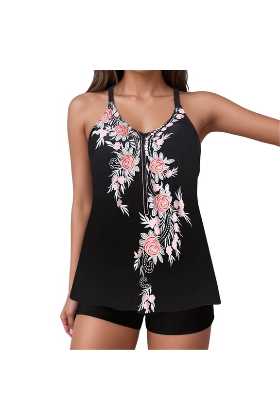 Plus Size Swimwear Two Piece Floral Print Bikini Fall Comfortable Vacation Top for Women,Black,3XL