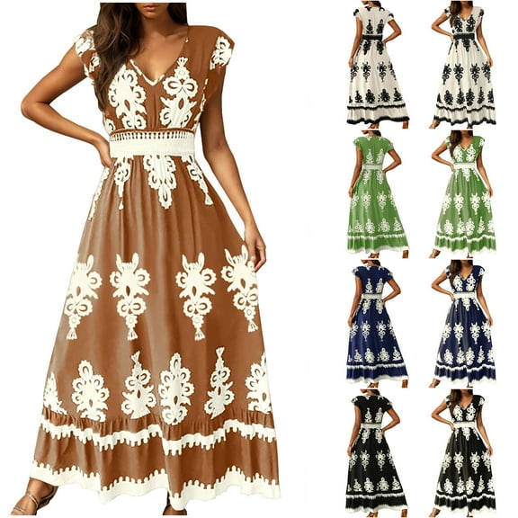 Plus Size Swing Dresses for Womens 2026 Fashion Summer Casual Beach Dress Holiday Print Dress