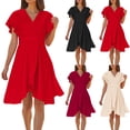 thumbnail image 1 of Plus Size Swing Dresses for Womens 2026 Fashion Summer Elegant Solid Color V-Neck Waist Irregular Split Short Ruffle Sleeve Dress, 1 of 9