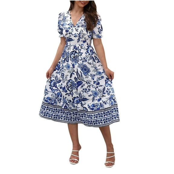Plus Size Swing Dresses for Womens 2026 Fashion Summer Flower Printing V-neck Short Sleeves Close Up Waist Large Skirt Dress