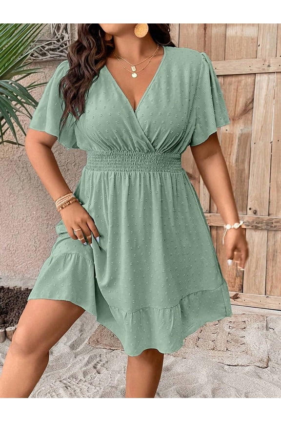 Plus Size Swiss Dot Butterfly Sleeve Ruffle Hem Dress for Summer Vacation