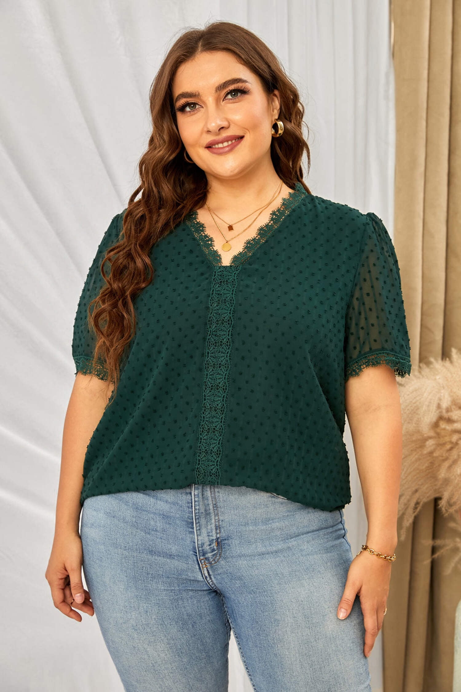 V-Neck Button Detail Plus Size Blouse with Lace Sleeves