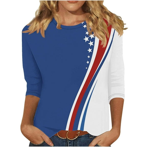 Plus Size T Shirt Women USA Star Stripes Graphic Tees Womens 4th of July 3/4 Length Sleeve Round Neck Tunic Tops Independence Day Dressy Casual Outfits Fashion Memorial Day Patriotic Shirts