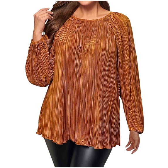 Plus Size T Shirt for Women 2025 Fall Crew Neck Pleated Pullover Long Sleeve Ruffle Hem Tops Loose Fit