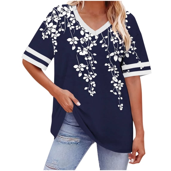 Plus Size T-Shirt for Women Oversized Short Sleeve V Neck Graphic Trendy Casual Loose Fit Summer Tops (4XL, Navy)