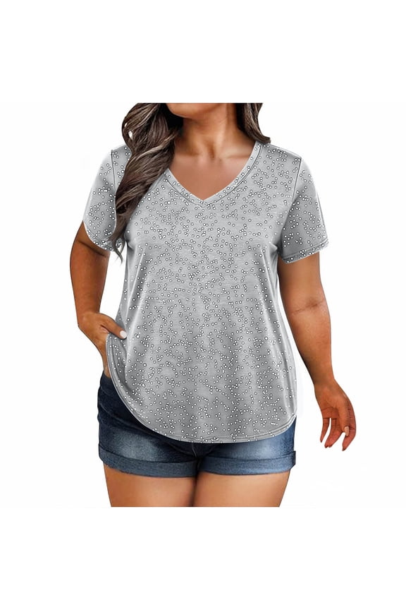Plus Size T Shirt for Women Trendy Hollow Out V-Neck Tees Short Sleeve Loose Fit Summer Casual Tops 1XL-5XL Silver XXL(XXL)