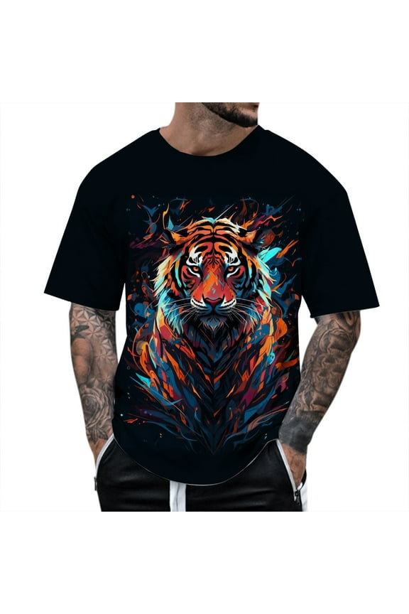 Plus Size T-Shirts For Men Graphic Tees Tiger Print Short Sleeve Crew Neck T Shirt Athletic Sport T-Shirt