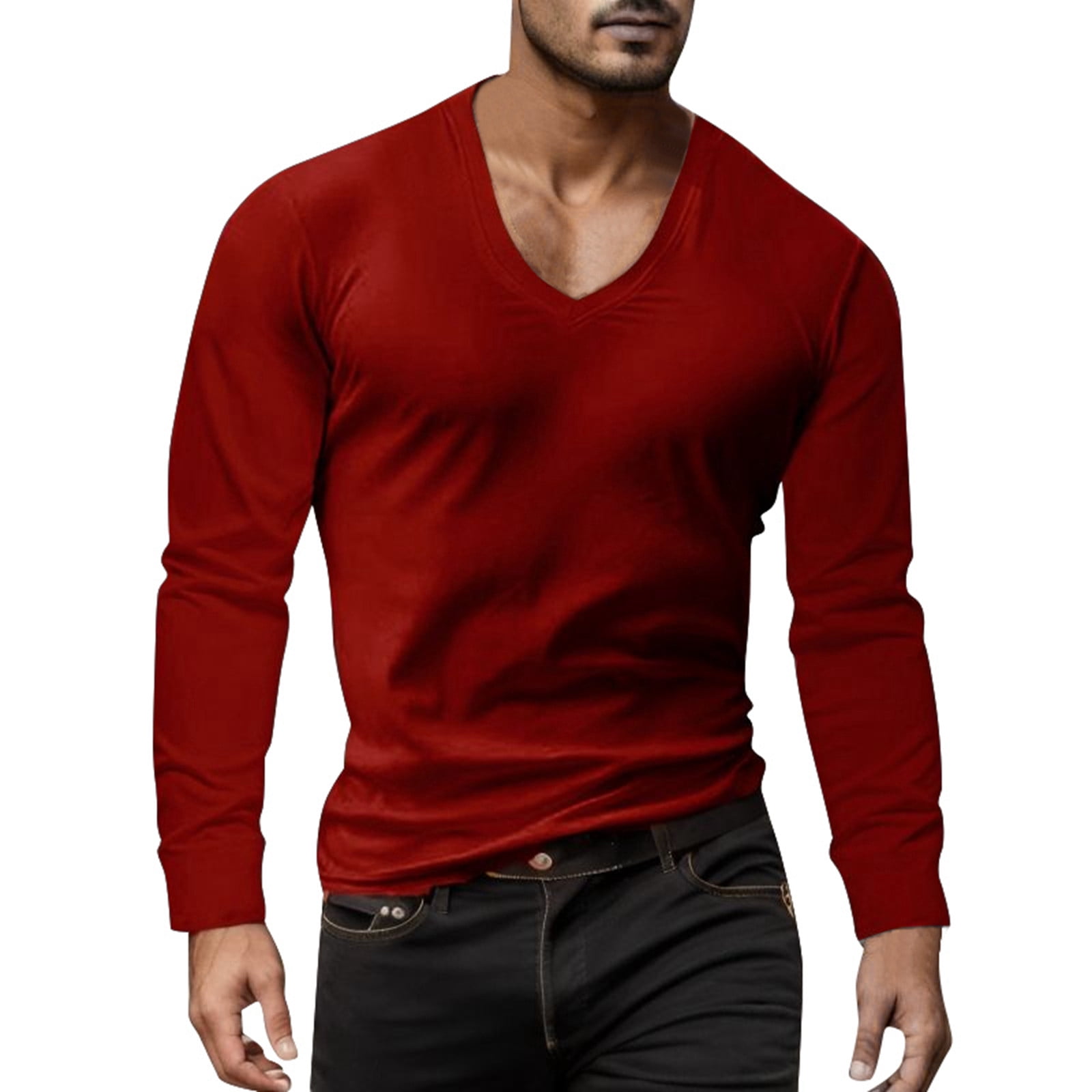 Plus Size T Shirts For Men Long Sleeve V Neck Solid Color Fitness T Shirt Spring Summer Tee Shirt Tops
