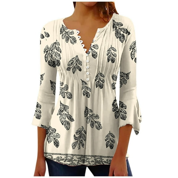 Plus Size T Shirts for Women Daisy Printed Tunics Tee Henley Neck Tees Shirts Front Pleated Button-Up T-Shirts Flared Sleeve Tunics Blouses Retro Dressy Shirts Going Out Beach Holiday Clothes