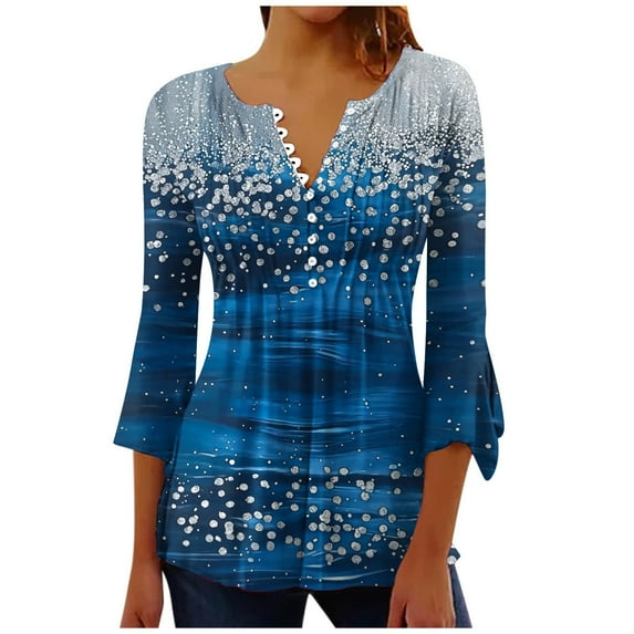 Plus Size T Shirts for Women Daisy Printed Tunics Tee Henley Neck Tees Shirts Front Pleated Button-Up T-Shirts Flared Sleeve Tunics Blouses Retro Dressy Shirts Going Out Beach Holiday Clothes