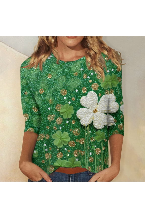 Plus Size T Shirts for Women St Patricks Day 3/4 Sleeve Irish Clover Print Tops Dressy Casual Round Neck Loose Bouse Tunic Blouses St Patricks Day Party Tops 2026