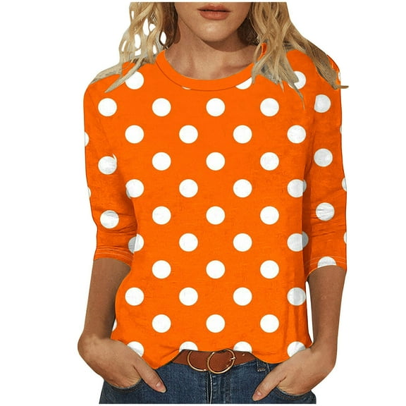 Plus Size T-Shirts Womens 3/4 Sleeve Polka Dots Print Crew Neck Graphic Tees Base Casual Summer Tops (XL, Orange)
