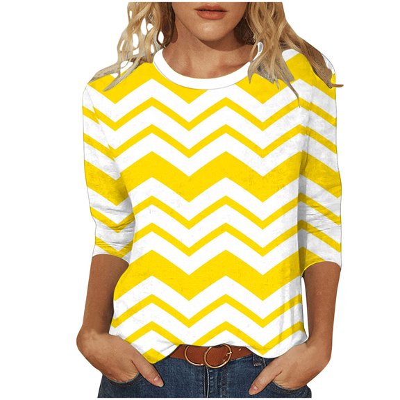 Plus Size T-Shirts Womens 3/4 Sleeve Polka Dots Print Crew Neck Graphic Tees Base Casual Summer Tops (XL, Yellow|Wave)