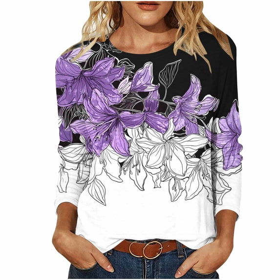 Plus Size T Shirts Womens Floral Printed Tops Crewneck Graphic Basic Tee Shirts Loose Fit Casual Tshirts (2XL, Purple)