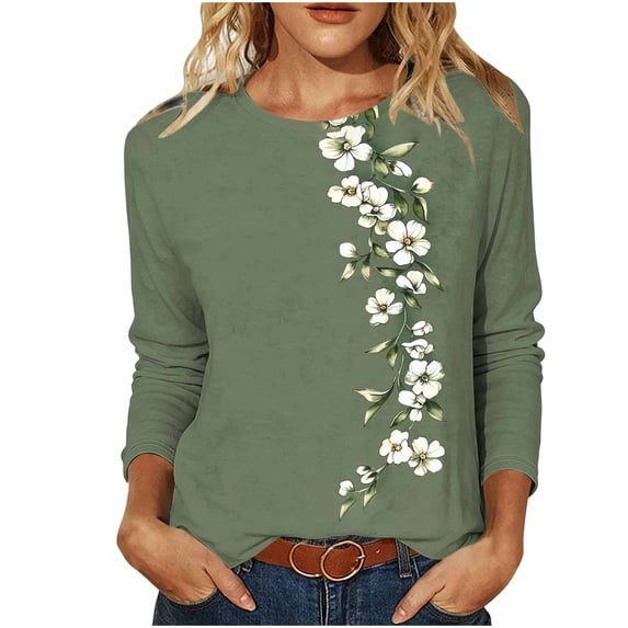Plus Size T Shirts Womens Floral Printed Tops Crewneck Graphic Basic Tee Shirts Loose Fit Casual Tshirts (XL, Army Green)