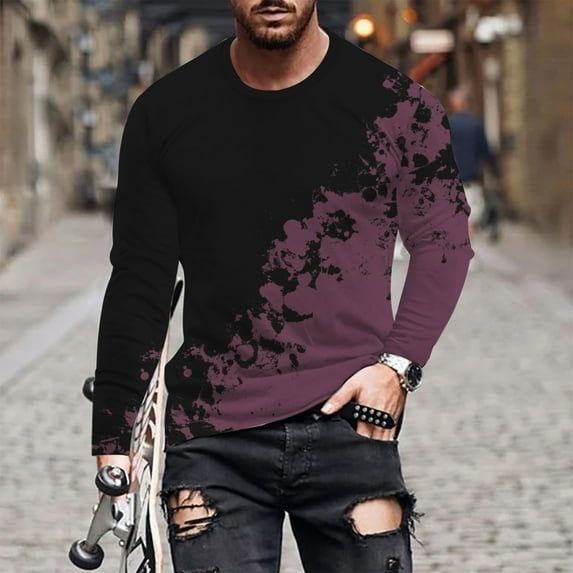Plus Size T Shirts for Men Crewneck Big & Tall M-4X Long Sleeve Stretchy Slim Tees Tops Casual Color Block Basic Comfort Pullover T-Shirts