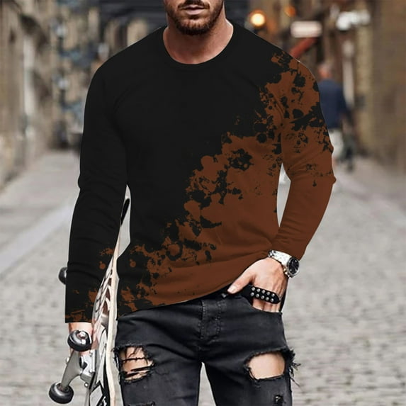 Plus Size T Shirts for Men Crewneck Big & Tall M-4X Long Sleeve Stretchy Slim Tees Tops Casual Color Block Basic Comfort Pullover T-Shirts